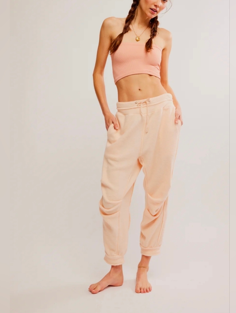 Free People Day Off Fleece Joggers Tender Peach Size Large Soldout NWT$78